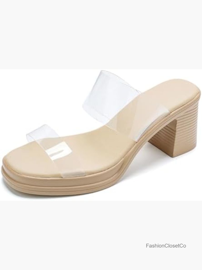 Women's Clear Two Strap Platform Block Heel Sandals Square Open Toe Slip-On